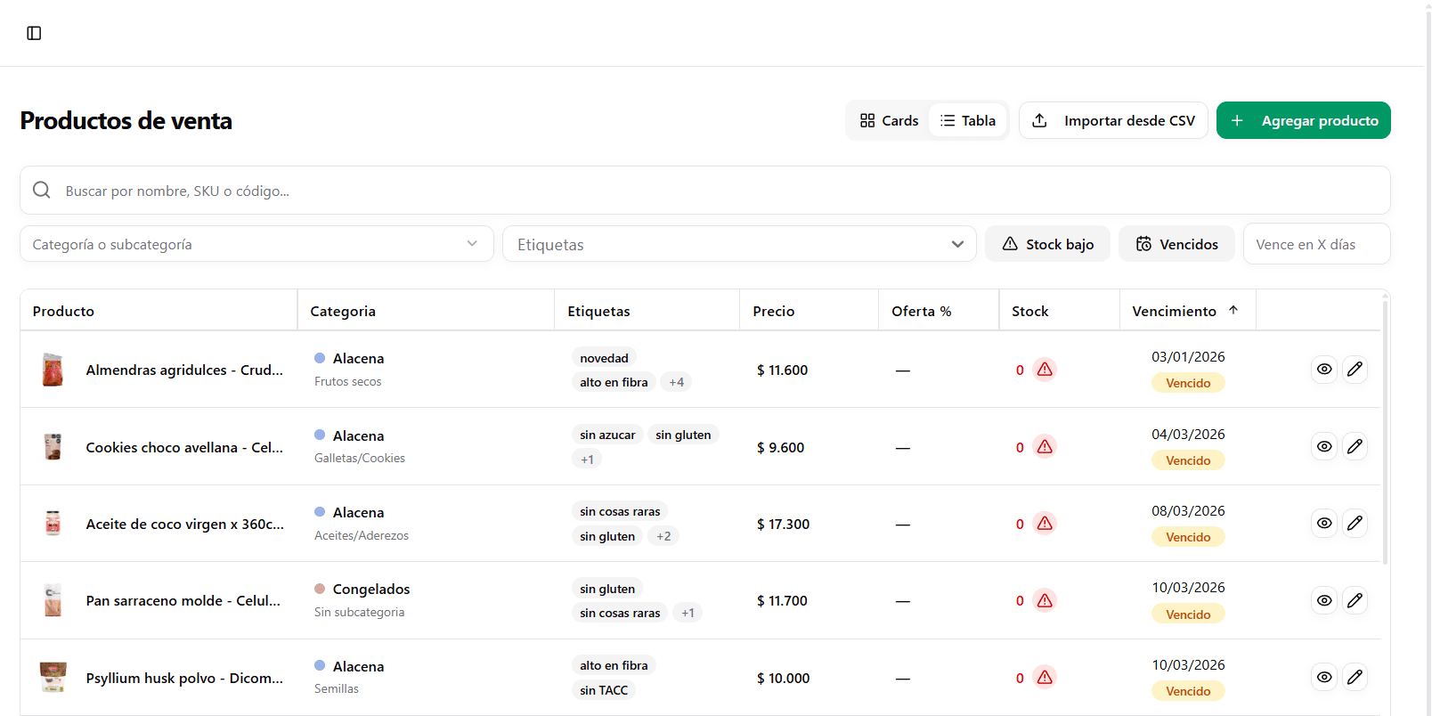 Inventario de PymeLista con productos, precios, stock y vencimientos